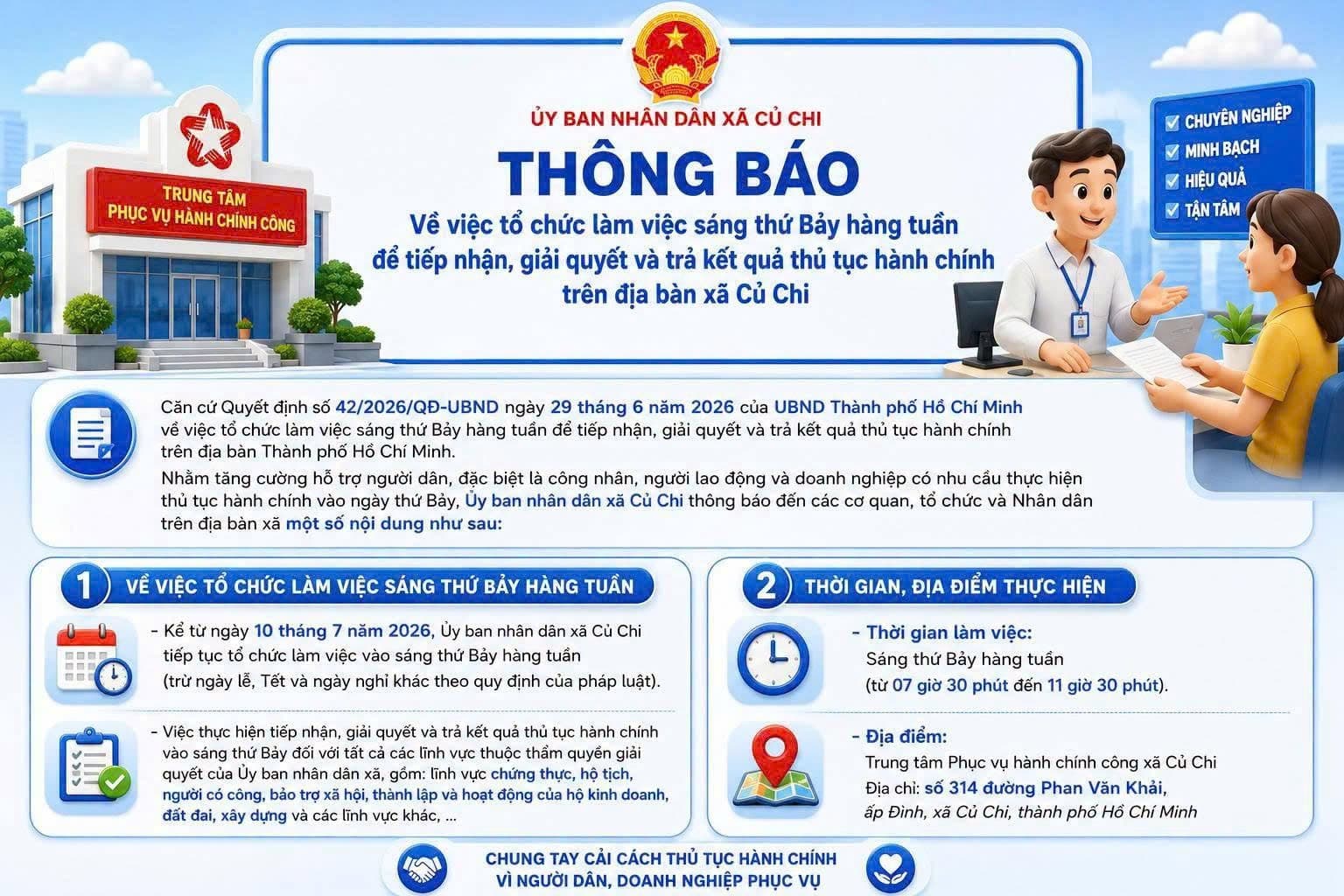 📢 ỦY BAN NHÂN DÂN XÃ CỦ CHI THÔNG BÁO: TỔ CHỨC LÀM VIỆC SÁNG THỨ BẢY HÀNG TUẦN ĐỂ TIẾP NHẬN, GIẢI QUYẾT VÀ TRẢ KẾT QUẢ THỦ TỤC HÀNH CHÍNH TRÊN ĐỊA BÀN XÃ CỦ CHI